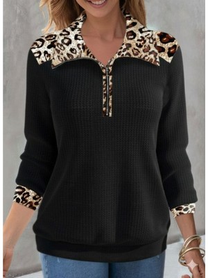 byasafkids Kadın Uzun Kollu Leopar Yakalı Fermuarlı Waffle Bluz