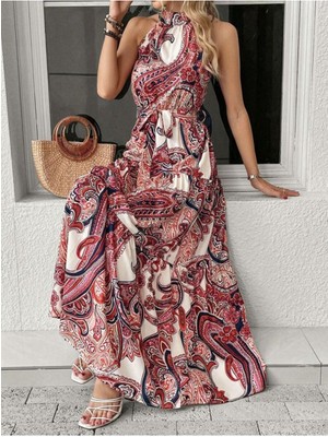byasafkids Kadın Halter Yakalı Omuzlardan Açık Kuşaklı Maksi Boy Desenli Süprem Elbise