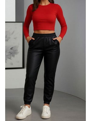 byasafkids Kadın Paçası Lastikli Cep Detaylı Deri Tayt