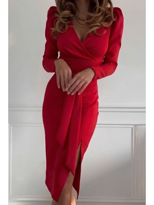 byasafkids Kadın Uzun Kollu Kruvaze Yakalı Yandan Yırtmaçlı Belden Kuşaklı Midi Ithal Krep Elbise