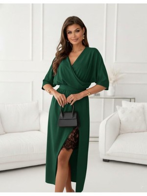 byasafkids Kadın Uzun Kollu Kruvaze Yakalı Yandan Dantelli Midi Ithal Krep Elbise