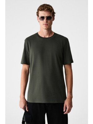 Grimelange Rudy Erkek %100 Organik Pamuk Nefes Alan Iç Göstermeyen Bisiklet Yaka Basic Haki T-Shirt