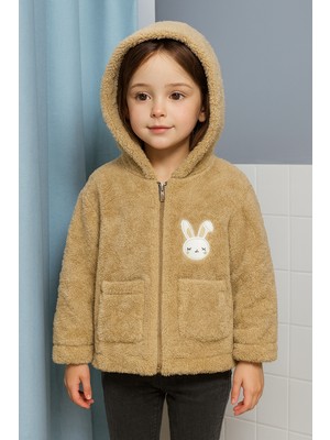 Bubito Tavşan Nakışlı Fermuarlı Cepli Kız Bebek Peluş Welsoft Kışlık Hırka-Kahverengi
