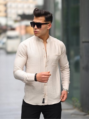 Comstar Erkek A Kalite Keten Slim Fit Kapaksız Hakim Yaka Uzun Kol Gömlek