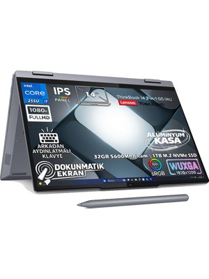 Lenovo Thinkbook 14 2-In-1 G5 Iau Intel Core Ultra 7 255U 32GB 1TB SSD 14" WUXGA (1920X1200) IPS Panel Dokunmatik Freedos Taşınabilir Bilgisayar 21SQ003BTX + Lenovo Yoga Kalem