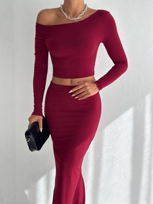 Cuyka Kadın Tek Omuz Crop Bluz & Yüksek Bel Uzun Etek Sandy Kumaş Ikili Takım