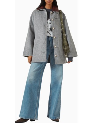 Maje Gecana Gri Yün Kemerli Palto, Deri Yaka Detaylı Zamansız Şıklık