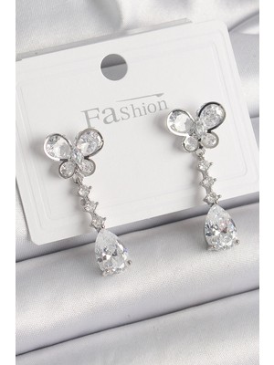 Calperia Pirinç Gümüş Renk Kelebek Model Sallantı Damla Zirkon Taşlı Kadın Küpe