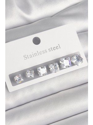 Calperia 316L Çelik Gümüş Renk Kare Zirkon Taşlı Kadın Küpe Seti