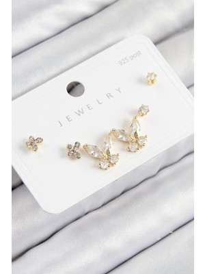 Calperia Pirinç Zirkon Taşlı Kelebek Model Gold Renk 925 Ayar Gümüş Çivi Kadın Küpe Set