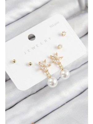 Calperia Pirinç Zirkon Taşlı İnci Sallantılı Çiçek Model Gümüş Renk 925 Ayar Gümüş Çivi Kadın Küpe Set