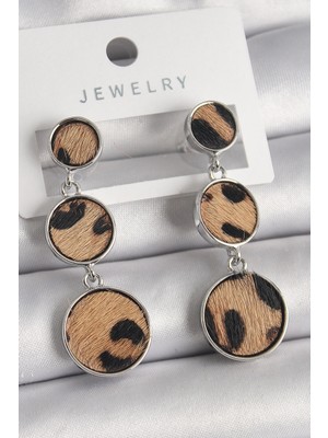 Calperia Pirinç Gümüş Renk 3'lü Daire Plaka Leopar Desenli Kadın Küpe