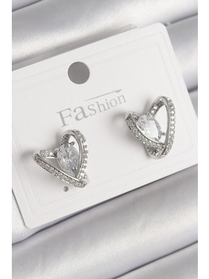 Calperia Pirinç Gümüş Renk Zirkon Taşlı Kalp Model Kadın Küpe