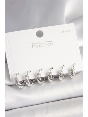 Calperia 925 Ayar Gümüş Çivi Pirinç Gümüş Renk İşlemeli Halka Model Kadın Küpe Seti