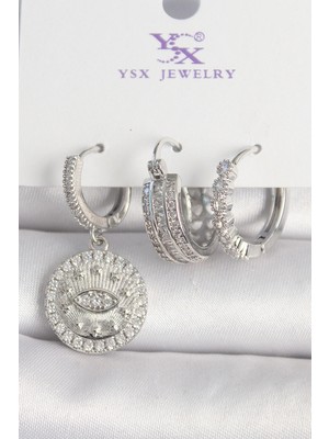 Calperia Pirinç Gümüş Renk Zirkon Taşlı Göz İşlemeli Halka Model 3'lü Kadın Kombin Küpe