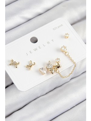 Calperia Pirinç Zirkon Taşlı Fiyonk Model Gold Renk 925 Ayar Gümüş Çivi Kadın Küpe Set