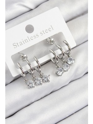 Calperia Pirinç Sallantılı Zirkon Taşlı Model Gümüş Renk Kadın Küpe