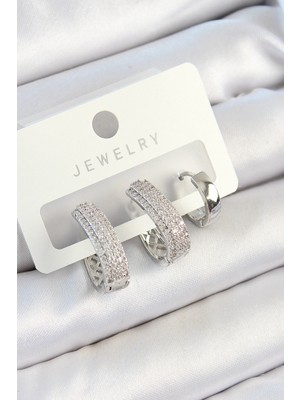 Calperia Pirinç Zirkon Taşlı Damla Model Gümüş Renk 3'lü Çift Kadın Küpe Set