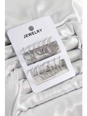 Calperia Pirinç Karışık Halka Model Gümüş Renk 6 Çift Kadın Küpe Set