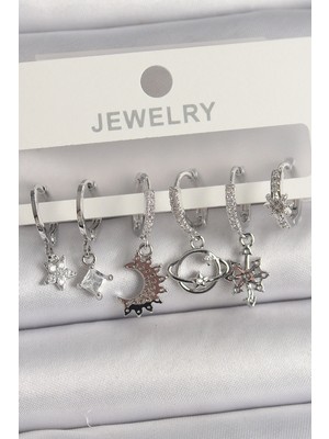 Calperia Pirinç Gümüş Renk Zirkon Taşlı Gezgen Model Kadın Küpe Seti