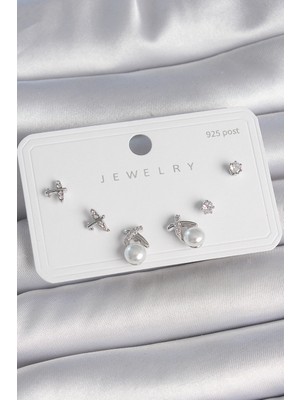 Calperia Pirinç Gümüş Renk Zirkon Taşlı Kelebek Model İnci Detay 925 Ayar Gümüş Çivi Kadın Küpe Seti