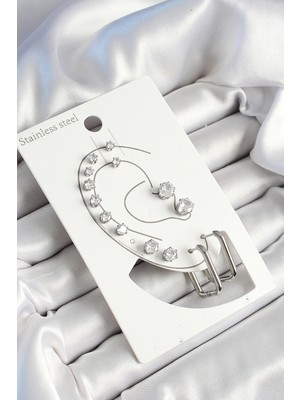 Calperia 316L Çelik Dikdörtgen Figürlü ve Zirkon Taşlı Gümüş Renk 7'li Çift Kadın Küpe Set