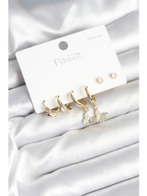 Calperia Gold Renk Pirinç Kelebek Model 925 Ayar Gümüş Çivili Kadın Küpe Seti
