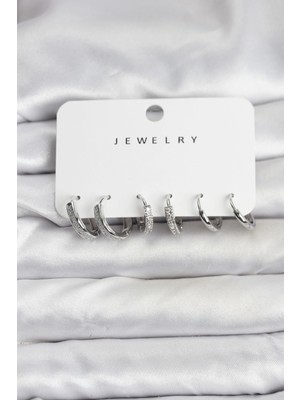 Calperia Zirkon Taşlı Gümüş Renk Pirinç Kadın Küpe Seti