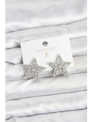 Calperia Gümüş Renk Pirinç Zirkon Taşlı Yıldız Model Kadın Küpe