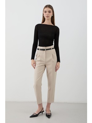 Jaste Kadın Yüksek Bel Pileli Kumaş Pantolon BEJ