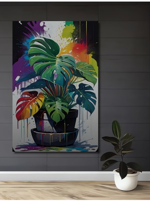 Teona Ahşap Canlı Monstera Yaprakları Sulu Boya Görünümlü Ahşap Dekoratif Ev,Antre,Salon,Ofis,Mutfak Tablo