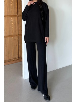 Balenbi Kadın Triko Görünümlü Çizgili Bisiklet Yaka Tesettür Tunik Takım 1152