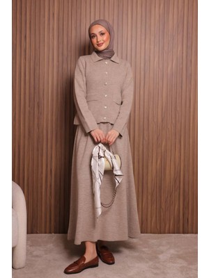 Balenbi Kadın Sık Örgü Polo Yaka Hırkalı Etekli Tesettür Triko Takım 1151