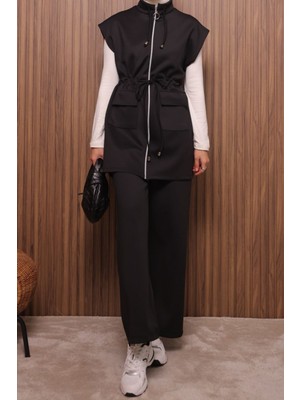 Balenbi Kadın Scuba Kumaş Beli Büzgü Kemerli Yelekli Tesettür Takım 1133