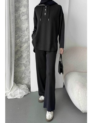 Balenbi Kadın Modal Kumaş Çıtlı Kapüşonlu Oversize Tunik Takım 1119