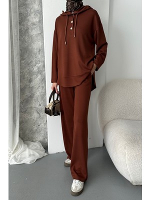 Balenbi Kadın Modal Kumaş Çıtlı Kapüşonlu Oversize Tunik Takım 1119