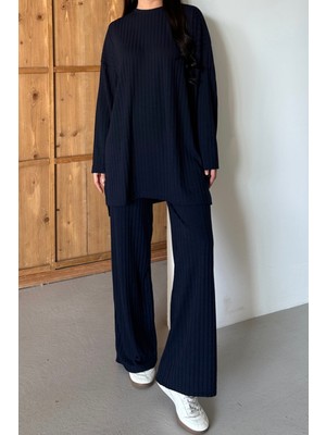 Balenbi Kadın Triko Görünümlü Çizgili Bisiklet Yaka Tesettür Tunik Takım 1152