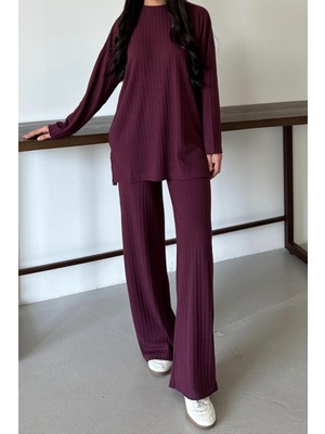 Balenbi Kadın Triko Görünümlü Çizgili Bisiklet Yaka Tesettür Tunik Takım 1152