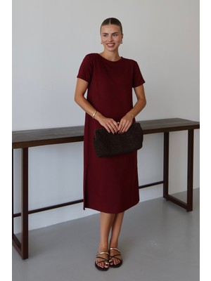 Balenbi Kadın Modal Kumaş Yarım Kol Yırtmaçlı Diz Altı Elbise 1100