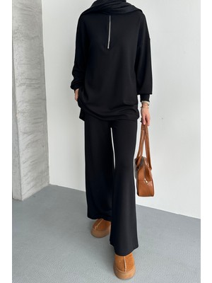 Balenbi Kadın Modal Penye Oversize Metal Fermuar Tesettür Tunik Takım 1117