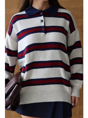 Balenbi Kadın Polo Yaka Oversize Çizgili Triko Kazak 1128