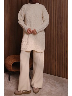 Balenbi Kadın Oversize Saç Örgü Desen Pantolonlu Tesettür Triko Takım 1135