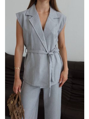 Balenbi Kadın Kuşaklı Yelek Palazzo Keten Takım 1097