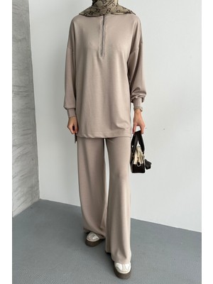 Balenbi Kadın Modal Penye Oversize Metal Fermuar Tesettür Tunik Takım 1117