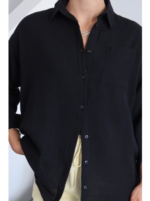 Balenbi Kadın Cepli Oversize Düz Renk Müslin Gömlek 1095