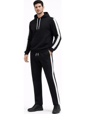 Erkek Şeritli Eşofman Takım Kapüşonlu Sweatshirt Boru Paça Alt, Oversize 3 Iplik Pamuklu - Siyah
