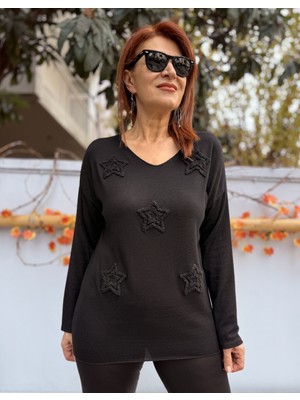 Denizege Butik Küçük Kalıp Yıldız Kabartma V Yaka Triko Siyah