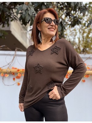 Denizege Butik Küçük Kalıp Yıldız Kabartma V Yaka Triko Acı Kahve