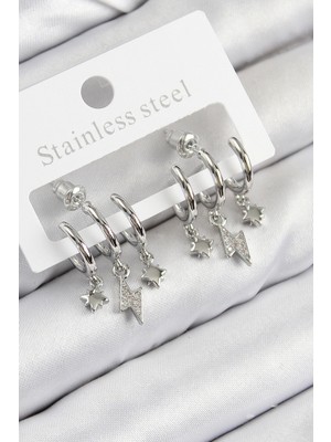 Shopwave Pirinç Zirkon Taşlı Şimşek Model Gümüş Renk Kadın Küpe - TJ-BKP11109