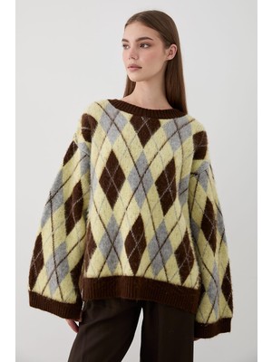 Jaste  Kadın Oversize Argyle Desenli Triko Kazak SARI-KAHVE